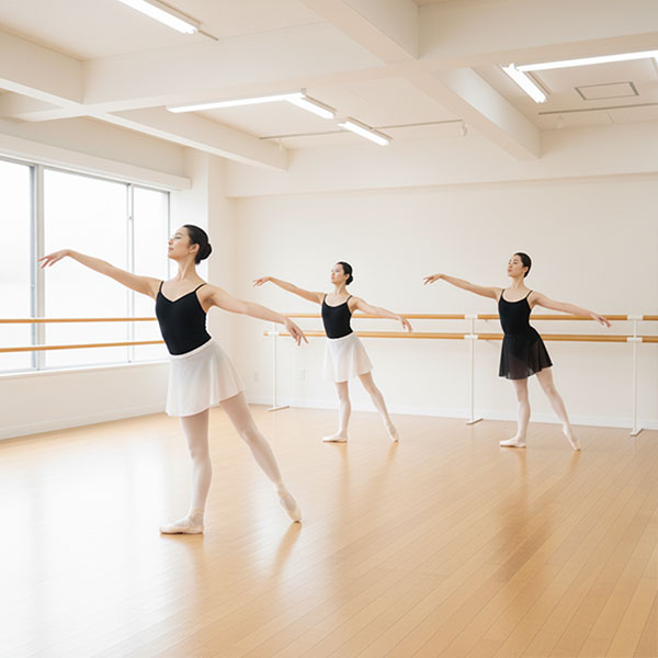大人クラスのレッスン風景。バレエバーにつかまり真剣な表情でポーズをとる女性たち。